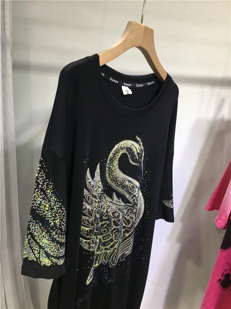 Luxury Shiny Swan Hot Drilling Loose Women Dress Back Wings Diamonds O-neck Mid-long T-shirt Top Short Sleeve Black T Dresses