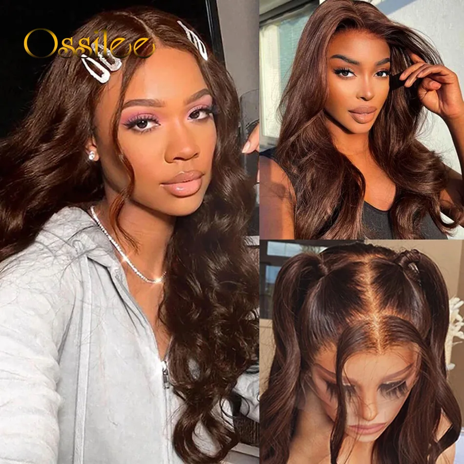 Ossilee-Brown Corpo Onda Perucas para Mulheres, HD Lace Frontal Perucas, Pré Arrancado, Cabelo Humano, 4 #, 13x6 HD