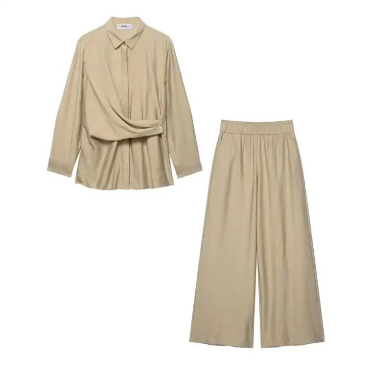 Gold Button Decorated Double Breasted Shirt Elastic Waist Wide Leg Pants Casual Loose Fit Women's Cross-Border Fashion
