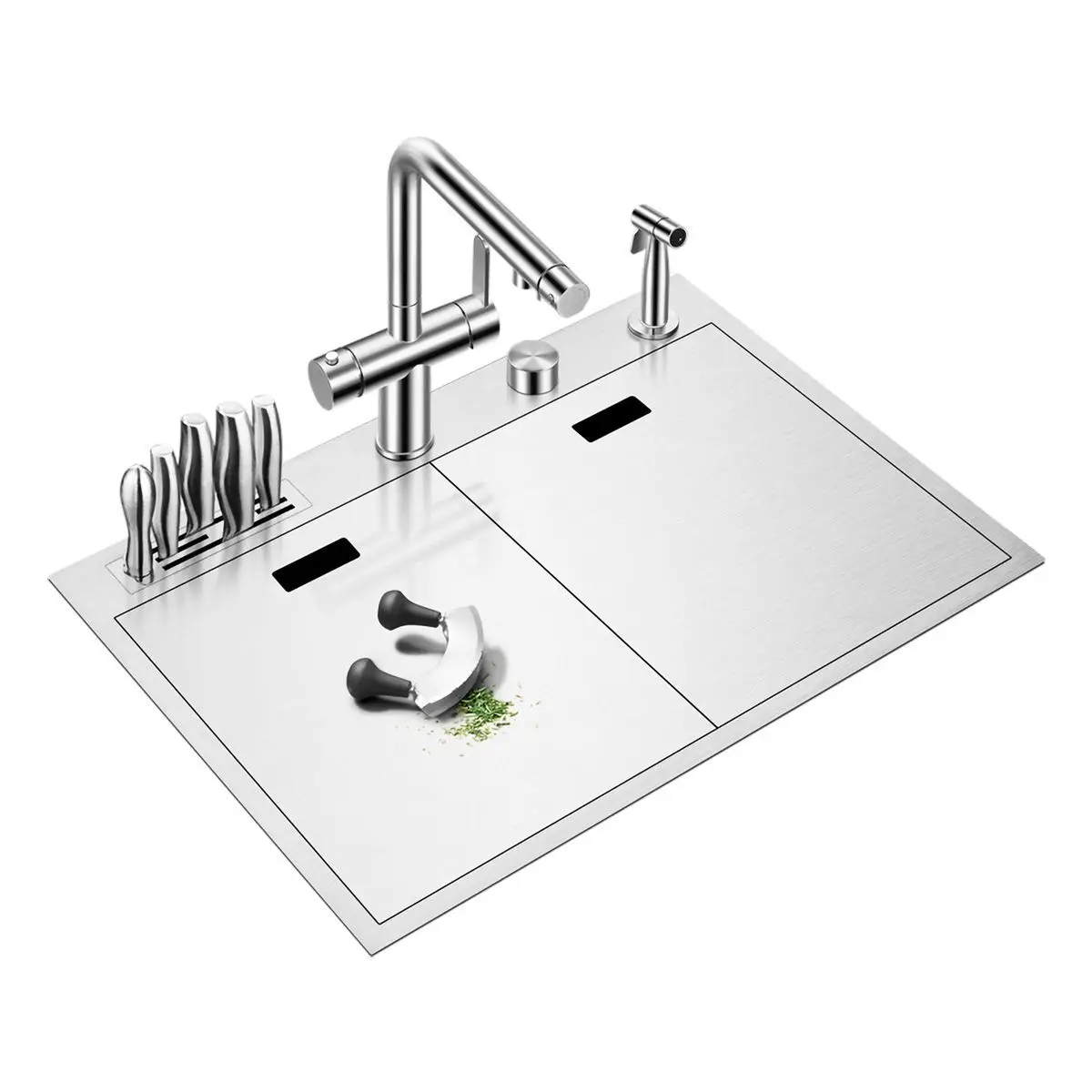 304 Stainless Steel Kitchen Handmade Sink with Knife Rack with Cover Plate Hidden Washbasin Single Sink Package