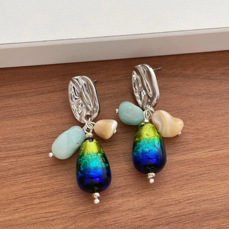 Minar Unique Design Multiple Gradient Color Resin Water Drop White Fritillary Shell Moon Natural Stone Drop Earrings for Women