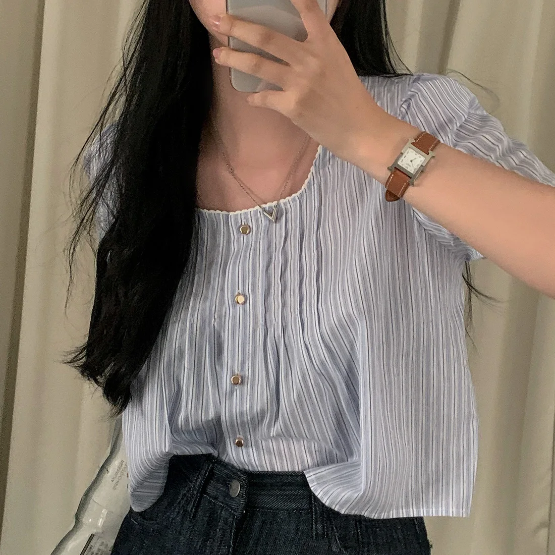 

Korean Style Sweet Blue Striped Ruffle Patchwork Shirt Casual Loose Bubble Sleeve Short Sleeve Open Cardigan for Young Women