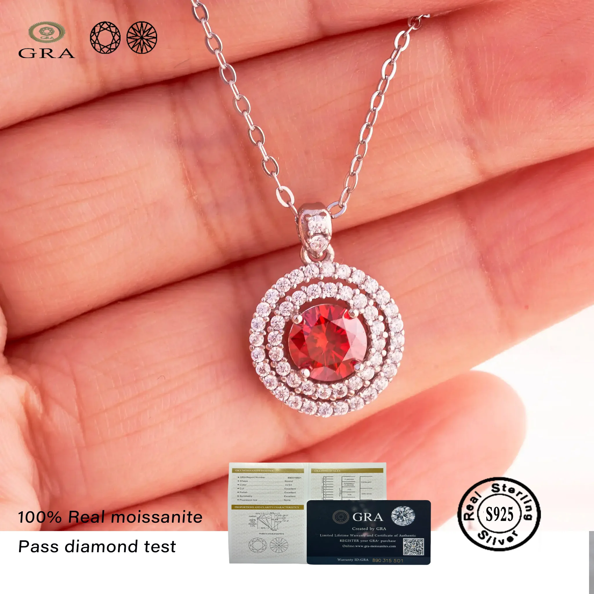 1 CT Real D Color VVS Moissanite Pendant Necklace For Women Red Blue Color Moissanite 925 Sterling Silver Wedding Fine Jewelry