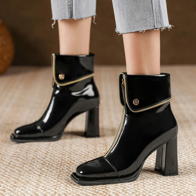 Temperament Ankle Boots High Appearance Level Patent Leather Square Head Front Zipper High Heel Comfortable Non-slip Boots