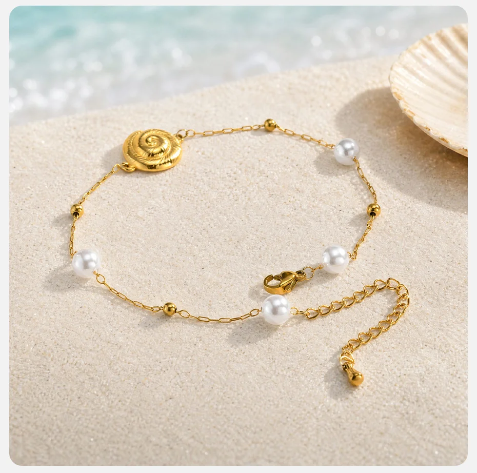 Vnox Boho Imitationsperlen-Muschel-Fußkettchen für Frauen Minimalistisches Vergoldetes Edelstahl-Fußkettchen Strand-Urlaubsgeschenk – Detail 6