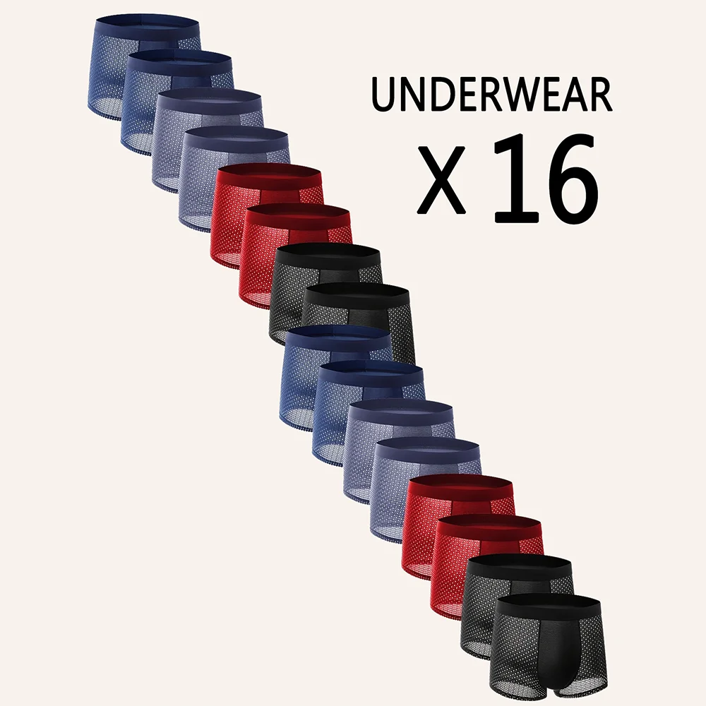 

Набор из 16 шт. мужских трусов-боксеров из сетчатой ткани, дышащие, из ледяного шелка, для лета