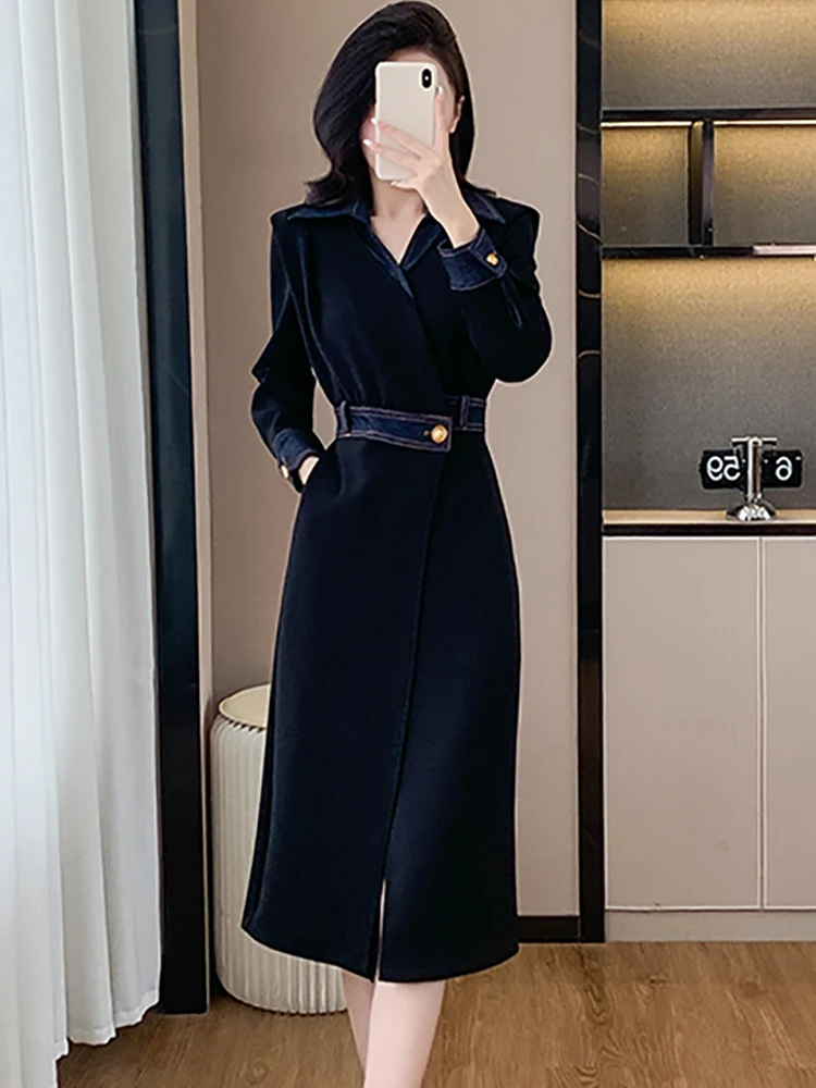 Spring Autumn Black Single Breasted Trench Women Korean Vintage Elegant Long Dress 2025 New Fashion Bodycon Party Evening Dress