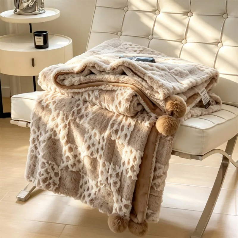 Checkered Faux Rabbit Fur Blanket with Pom Poms Thick Warm Milk Velvet Blankets for Bed Sofa Double Layer Plush Winter Blanket
