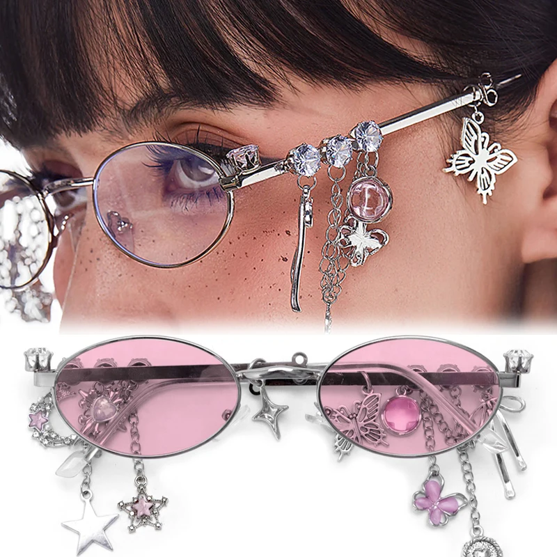 

Очки в стиле Лолиты, милые пряные девушки, модные звезды с бриллиантами, маленькая оправа, эллиптические очки, подвеска, очки, аксессуары для косплея