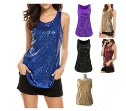 Yeni moda seksi bayan Sequins Glitter parlak kaşkorse kolsuz T-Shirt yaz Sparkle pırıltılı yelek mahsul Tee