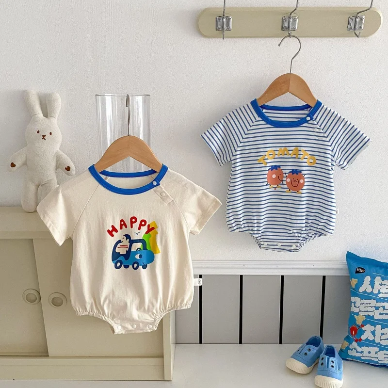 

Baby Stripe Rer 0-2 Years Summer Children's Clothing Cartoon One-Piece Baby Clothes Trendy Low Waist ort Pants Cotton