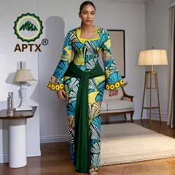 African Outfit for Women Ankara Print Square Collar Full Sleeve Floor-Length Dress with Belt Dashiki Casual Party Dress