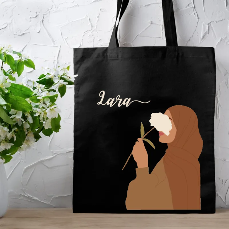 Personalized Muslin Tote Bag Handbag Black Personalized Hijabi Bag Muslim Girl Islamic Eid Gifts for Her Ramadan Mubarak Decor