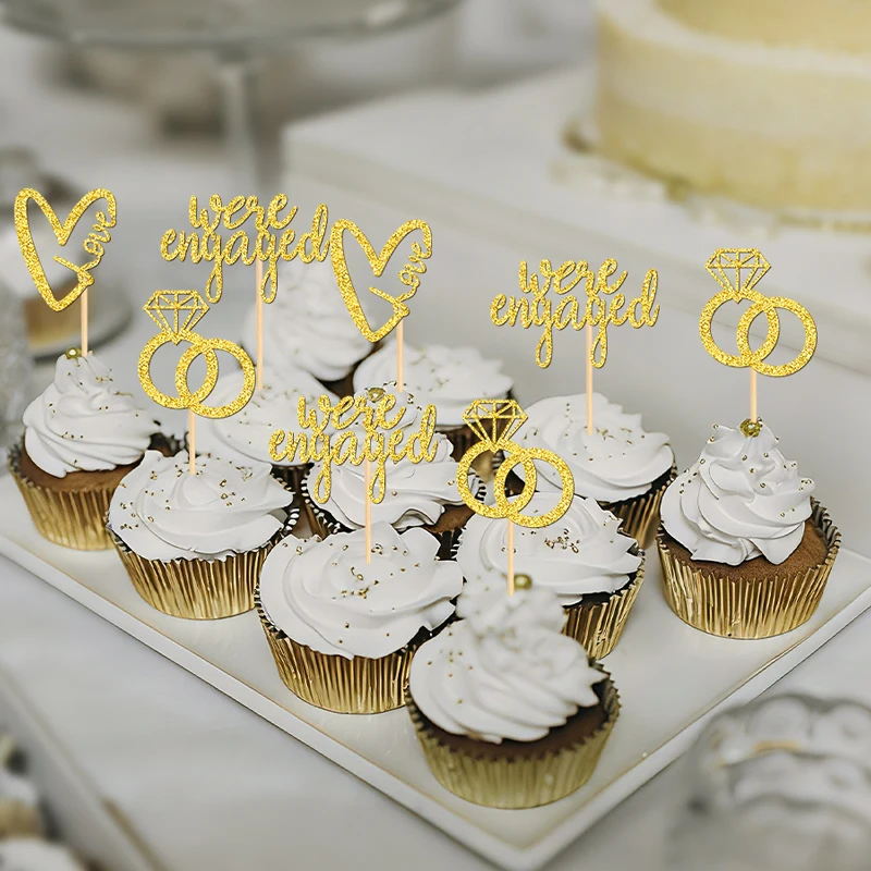 NUBECOM 24 Stück Verlobungs-Cupcake-Topper, Verlobungs-Kuchenaufsätze, glitzerndes Liebesherz mit Liebesringen, Verlobungs-Schrift-Kuchendekorationen – Detail 8