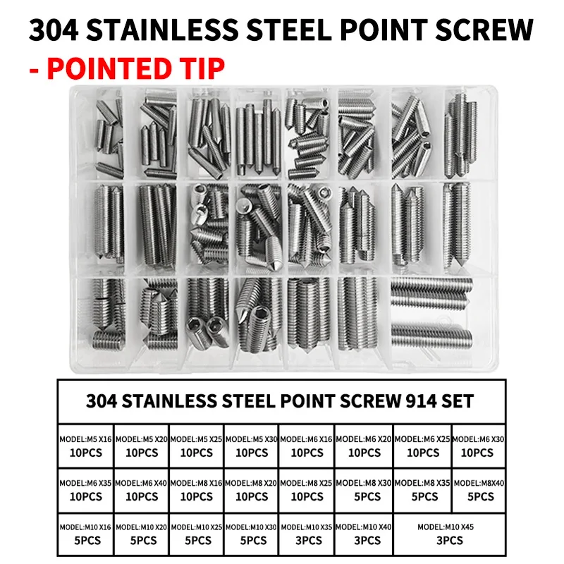 

DIN914 304 Stainless Steel Hex Socket Point Grub Screws Set with M3, M4, M5, M6, M8, M10 Sizes - High - Hardness Assortment