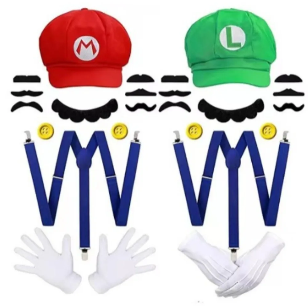 

Super Red Green Bros Hat Shoulder Strap Adult Baseball Hat Cap Gloves Buttons Costume Cosplay Halloween Hat Role Play