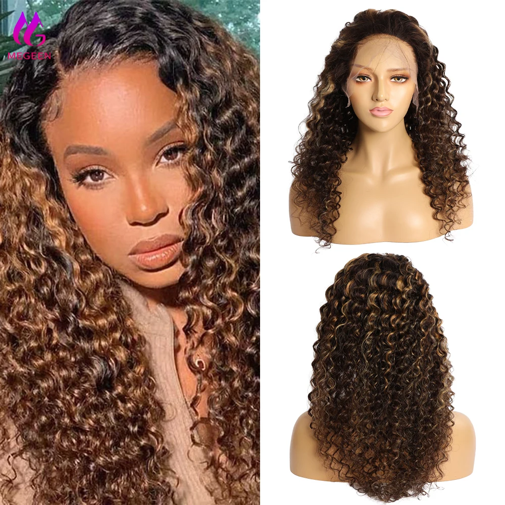 Megeen 13x4 HD Transparent Lace Frontal Wig Highlight Deep Wave Lace Front Wig With Baby Hair Human Hair P4/27 Curly Virgin Hair