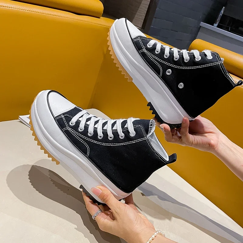 Women\'s Vulcanize Shoes 2023 New Classic Women Sneakers Ladies Lace Up Thick Sole Walking Shoes Canvas Wedger Platform Shoes