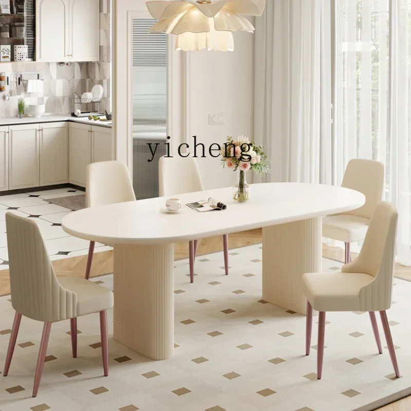 

Stone Plate Dining Table Modern Simple Small Apartment Household Restaurant Oval White Dining Table and Chair