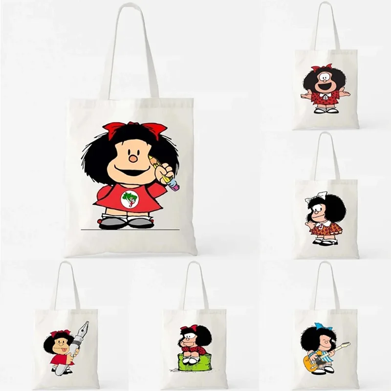 Kawaii Mafalda Retro Anime Girl Canvas Shoulder Bag Reusable Large Capacity Eco-Friendly Fashion Shopping Bag Ladies Handbag