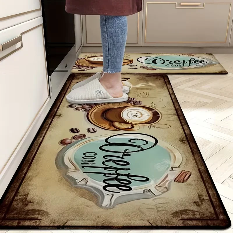 Coffee-Themed Kitchen Mats,Non-Slip, Durable, Machine Washable, Polyester Rug for Home, Office, Laundry, Bathroom, Spring Decor