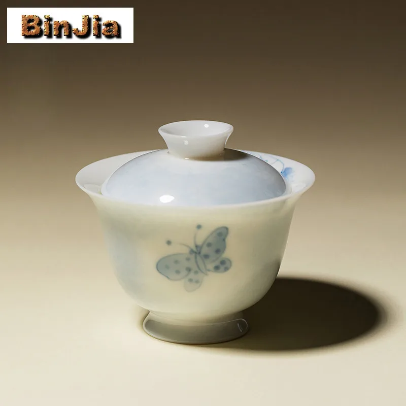 

140ml Hand-painted Butterfly Gaiwan Zen Not Hot Tea Tureen Tea Bowl With Lid Kit Tea Brewing Cover Bowl Tea Services Decoration