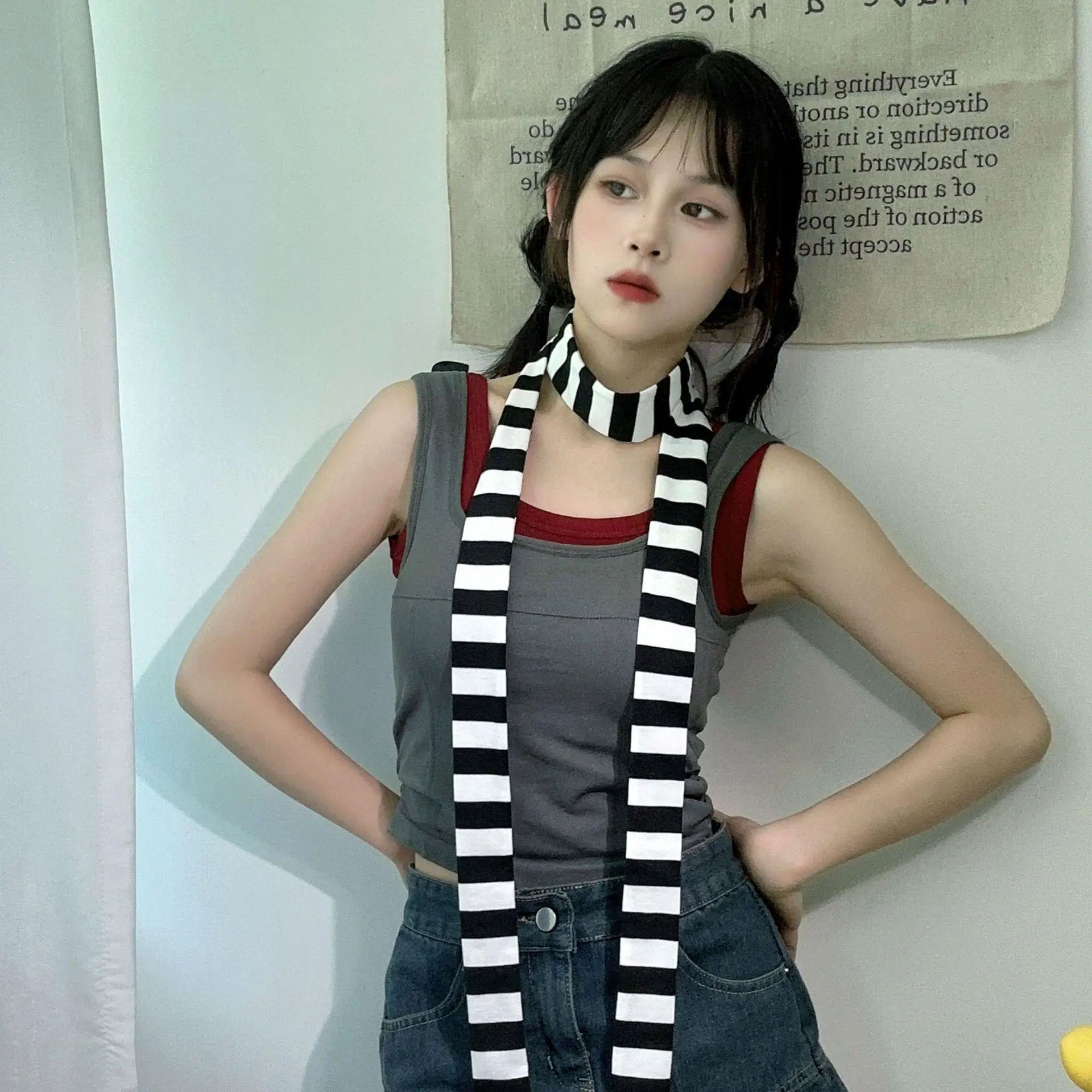 

New Harajuku Women Scarves Y2k Black Grey Colorful Stripe NarrowLong Scarves 180cm Long Decorative Neckerchief Cotton Scarves
