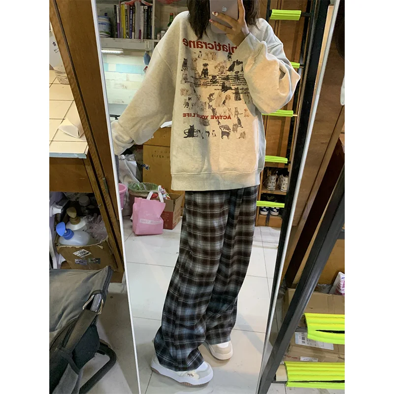 Women's Plaid Pants Fce Lined Loose Wide Leg Casual Versatile Slimming Small Stature Sweatpants High Waist Commute Sle