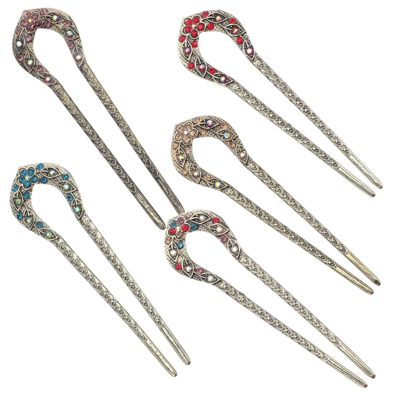 

5pcs Vintage Pins U Shape Rhinestone Forks Bun Sticks For Long Women Girls Chinese Style Hair Accessories Hair Bun Holder
