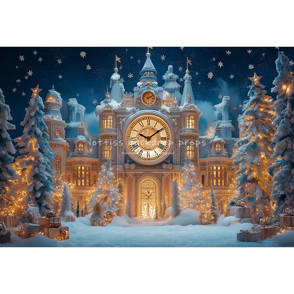 New Year Bell Big Clock Backdrops Kids Adult Photography Child Baby Photocall Winter Snowy Castle Christmas Trees Backgrounds