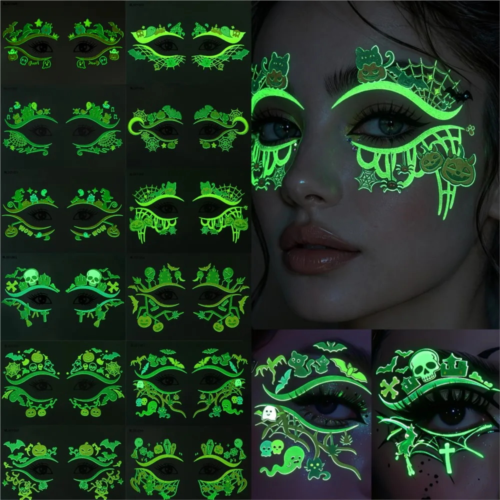 12pcs Glow in Dark Halloween Face Temporary Tattoos Luminous Ghost Bat Pumpkin Face Tattoo Stickers for Halloween Party Makeup
