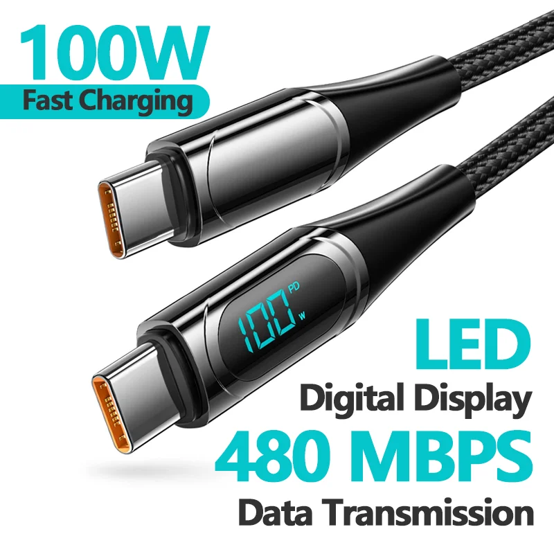 

100 Вт PD USB C to Type C для iPhone 15 Pro Max Samsung Galaxy со светодиодным дисплеем, шнур зарядного устройства для быстрой зарядки, чип электронного маркера 5A, быстрый кабель