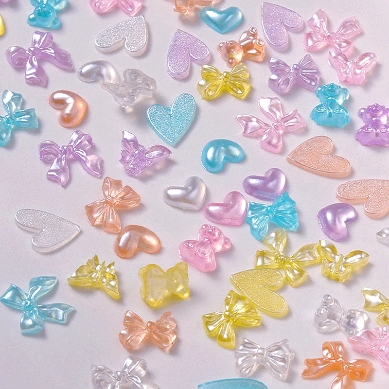 50PCS Pearly-lustre 3D Acrylic Nail Art Bow Heart Charms Bear Butterfly Accessories Parts Nail Decoration Supplies Materials