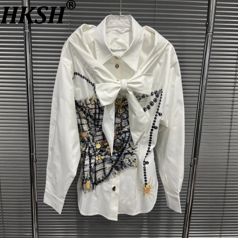 

HKSH 2026 Spring Autumn New Women Shirt Printed Waist Cinching Slim Fit Single Breasted Long Sleeves Niche Design Blouse HK17024