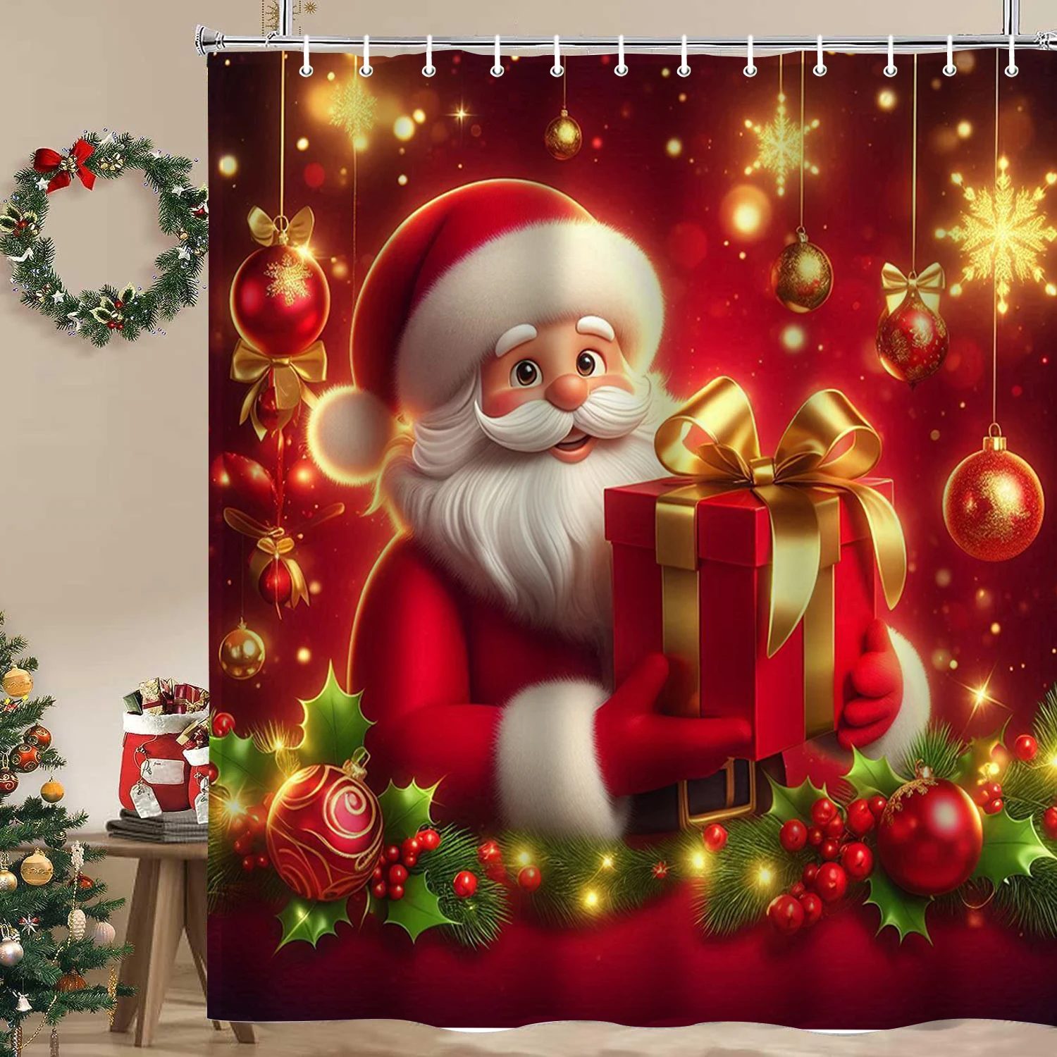 

Christmas Festival decorations Santa Claus Pattern Bathroom Shower Curtain With 12 Hooks Home bathroom decor and accessories
