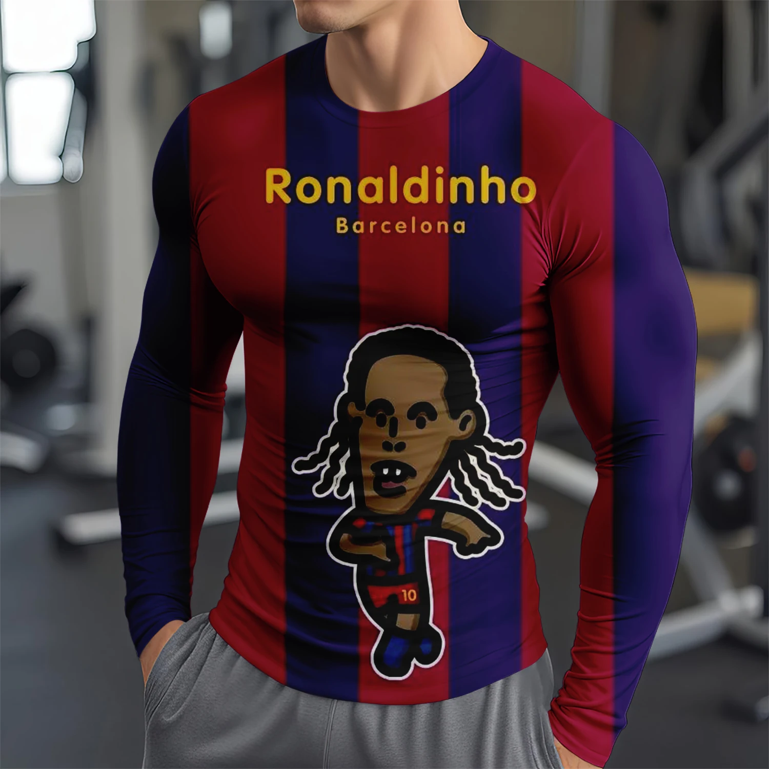 New Fashion 3d Printed Ronaldinho Pattern Long Sleeve T-Shirt, Casual Sports Top Pullover, Comfortable Long Sleeve T-Shirt