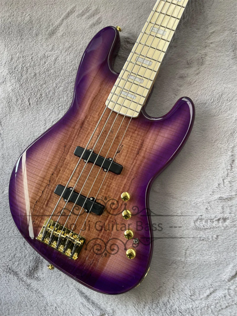 Purple Bass Guitar with Fixed Bridge, Burl Maple Top, Maple Fingerboard, White Pearl Inlay, 5 Strings，gold hardware