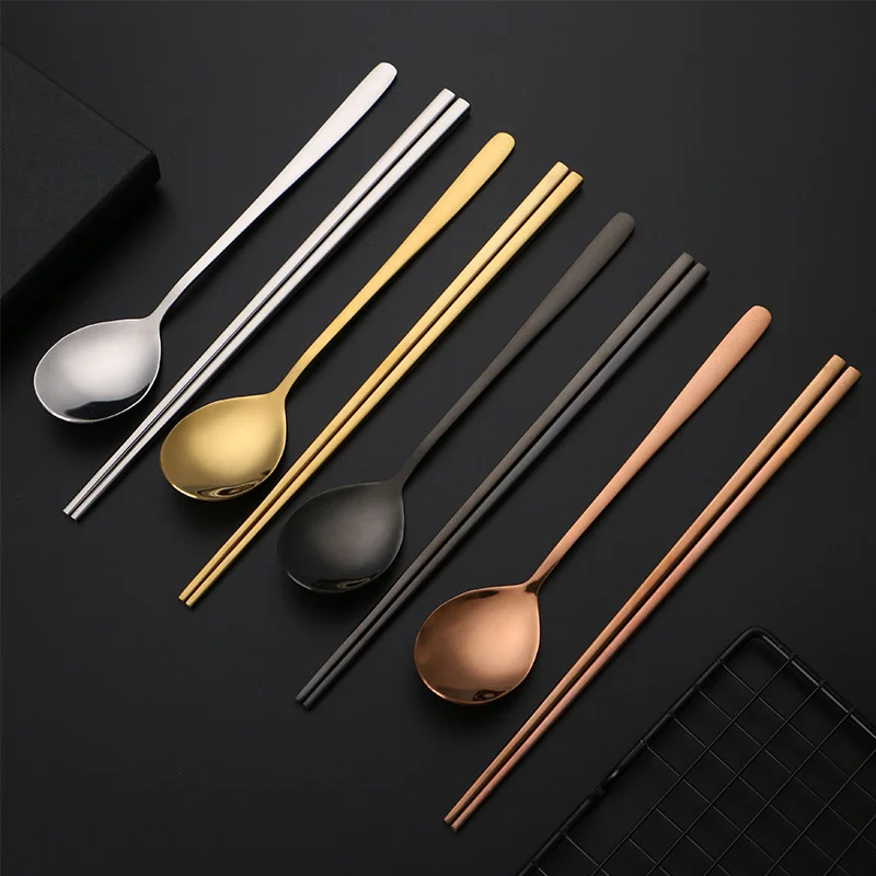 Korean stainless steel food chopsticks spoon set long handle non-slip  dessert  tableware 