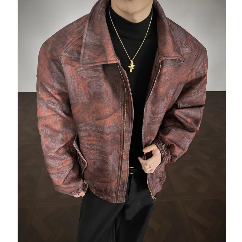 

American Design Loose Collar Workwear Jaet Men's Winter New Sle Dyed Denim Cotton Coat Youth Casual Stand Fit Zipper