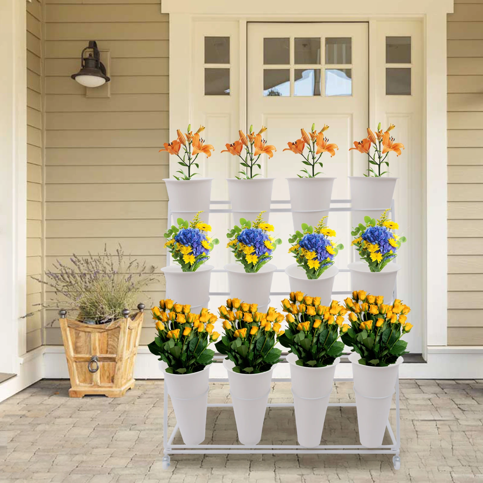 

3 Layers Movable Metal Plant Stand Modern Plant Shelf with Flower Bucket Indoor Outdoor Flower Rack for Home Patio Balcony