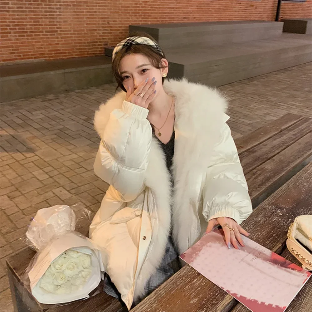 

New Winter Real Mink Fur Coat White Goose Down Jacket Women Warm Full Fox Fur Jacket Hooded Detachable Fashion Casual