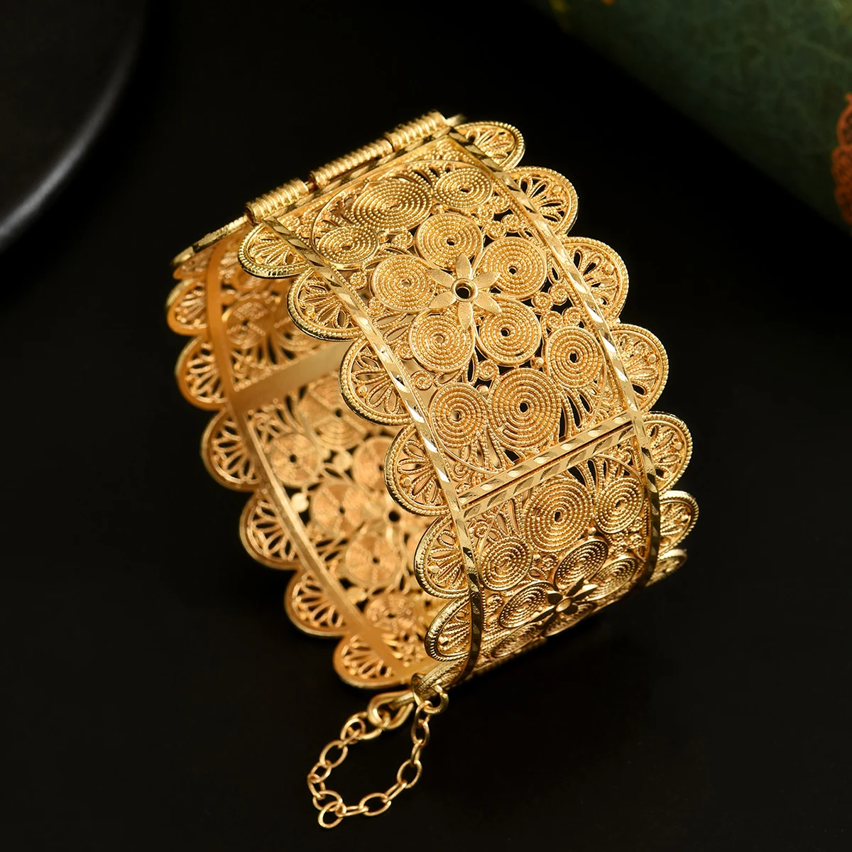 Ornate Filigree Flower Cuff Bracelet Gold Tone Wide Bangle For Evening Dress Fashion Jewelry