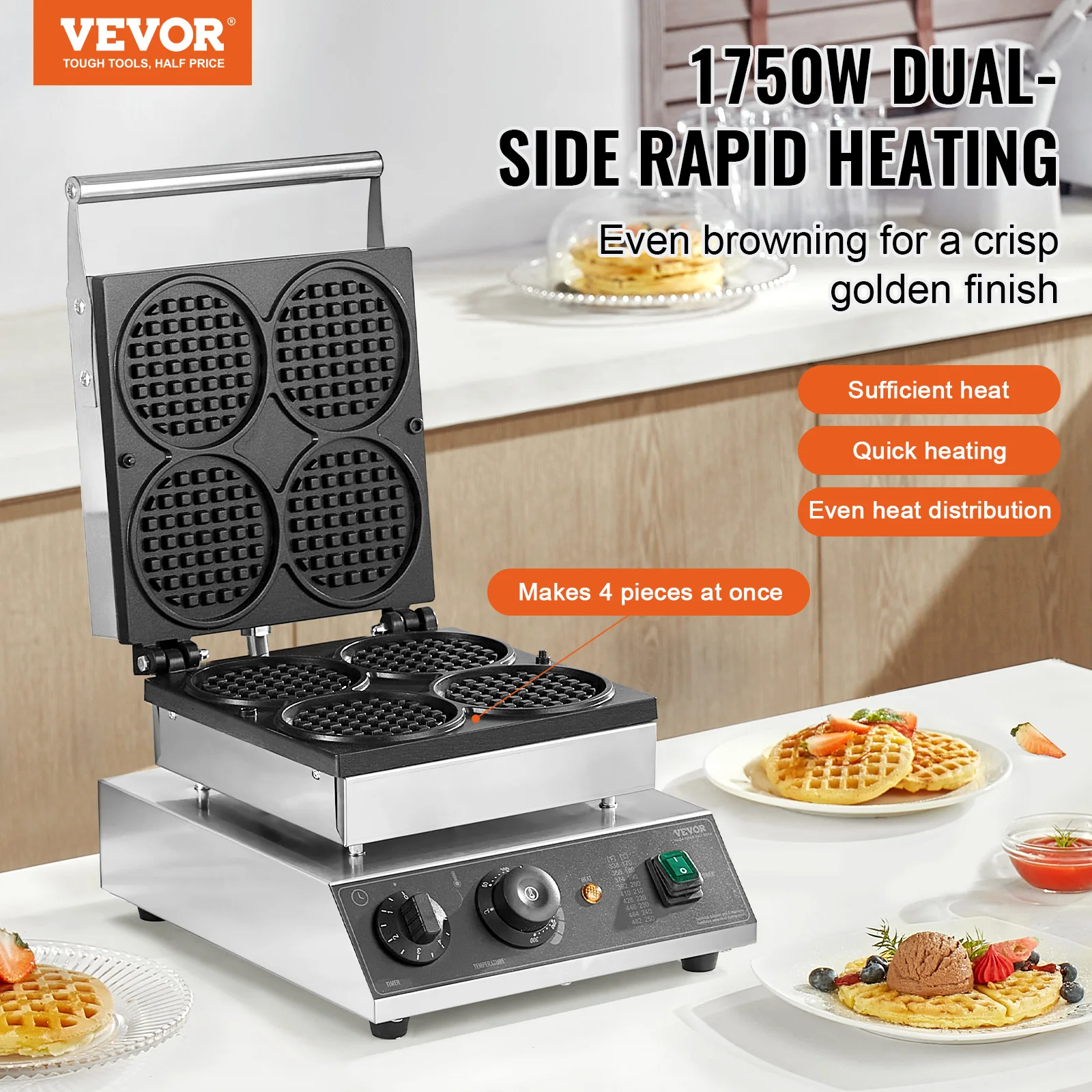 VEVOR 4 PCS Commercial Waffle Maker Round Waffle Baker Machine 1750W Non-Stick Stainless Steel Belgian Waffle Iron with Temp