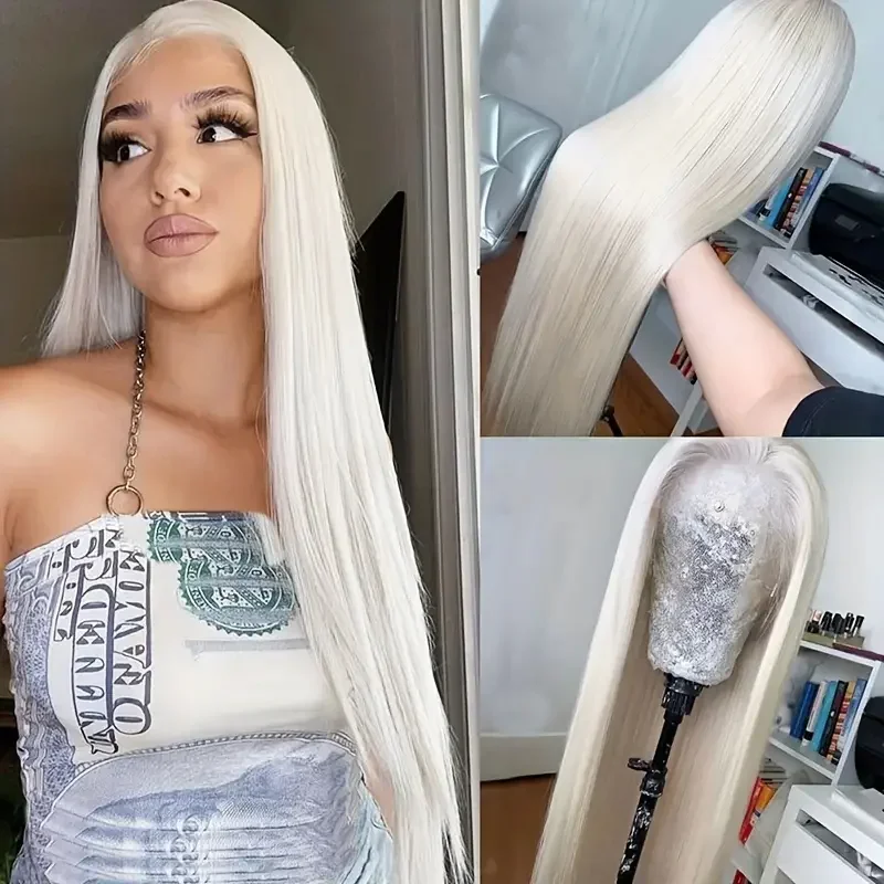 

Белый парик Длинные прямые парики фронта шнурка 13x4 HD Полный парик шнурка Предварительно выщипанные бесклеевые синтетические кружевные фронтальные парики для белых женщин