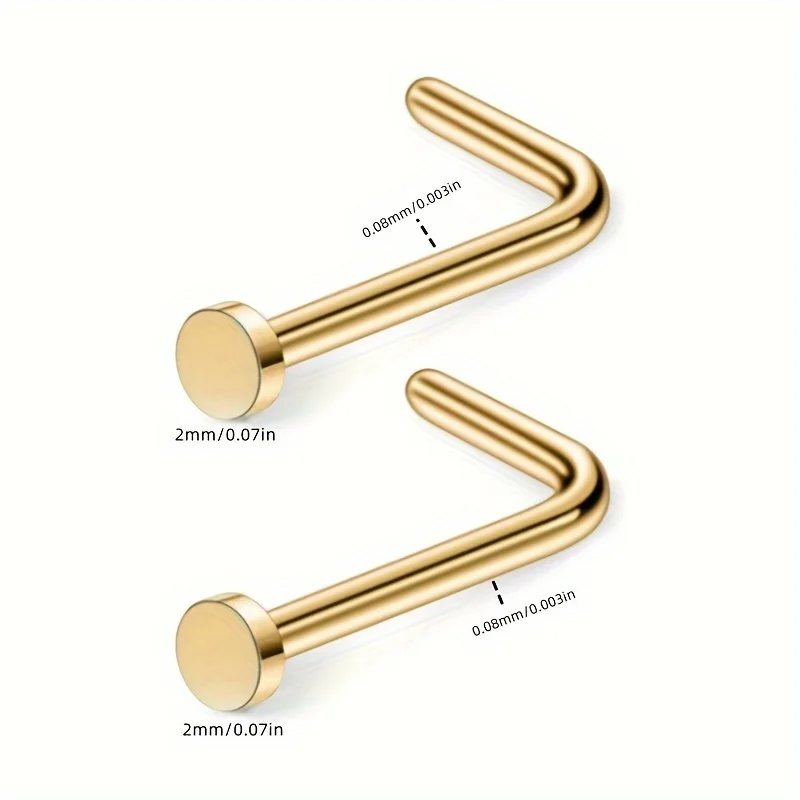 2pcs L-Shaped Nose Studs 2mm Flat Top 7mm Stainless Steel Rod Piercing Jewelry Simple Style Stainless Steel Nose Rings