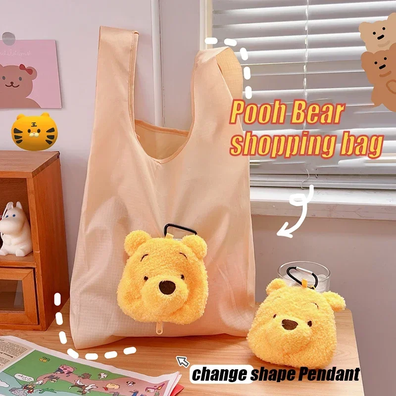 2 in 1 Disney Pooh Bear Shopping Bag Backpack Pendant Cartoon Anime Storage Bags Foldable Plush Tote Handbag Children Charm Gift