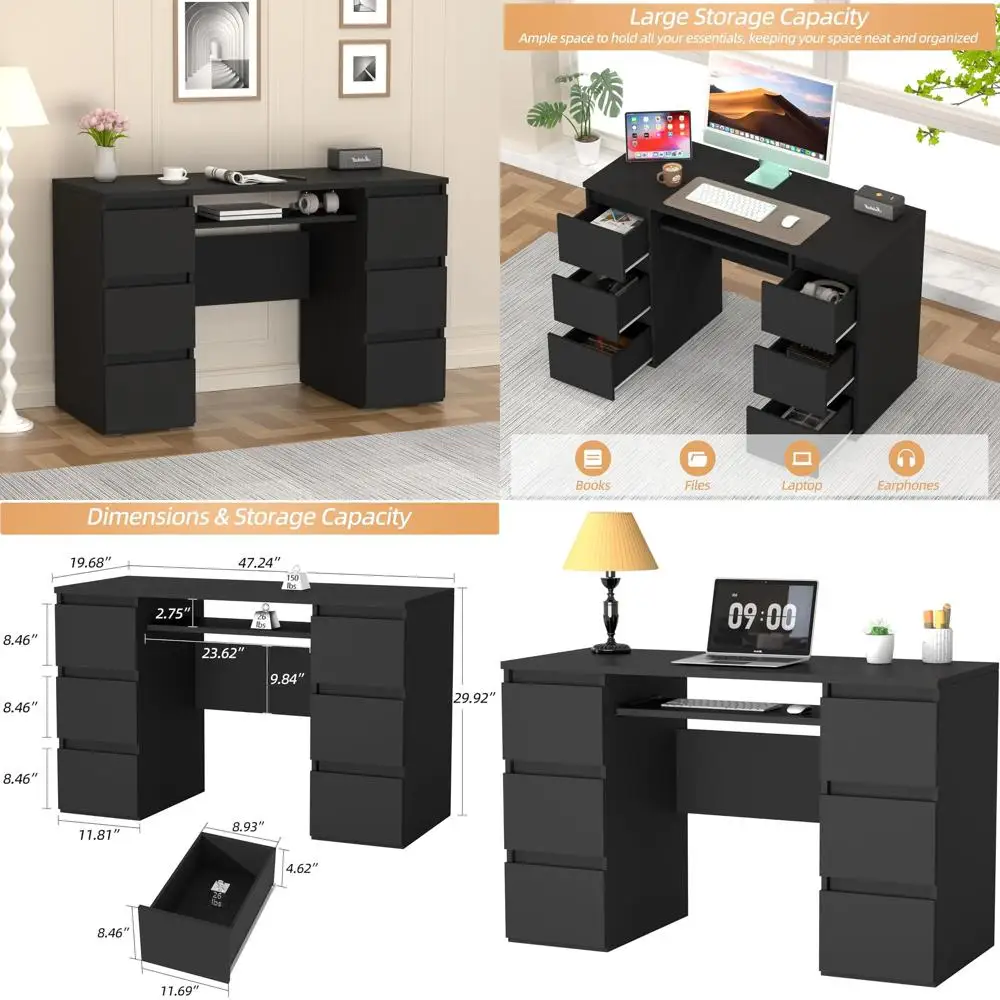 

Черный стол для домашнего офиса с 6 ящиками, 47, ящиками для хранения, подставкой для клавиатуры и современной угловой рабочей станцией