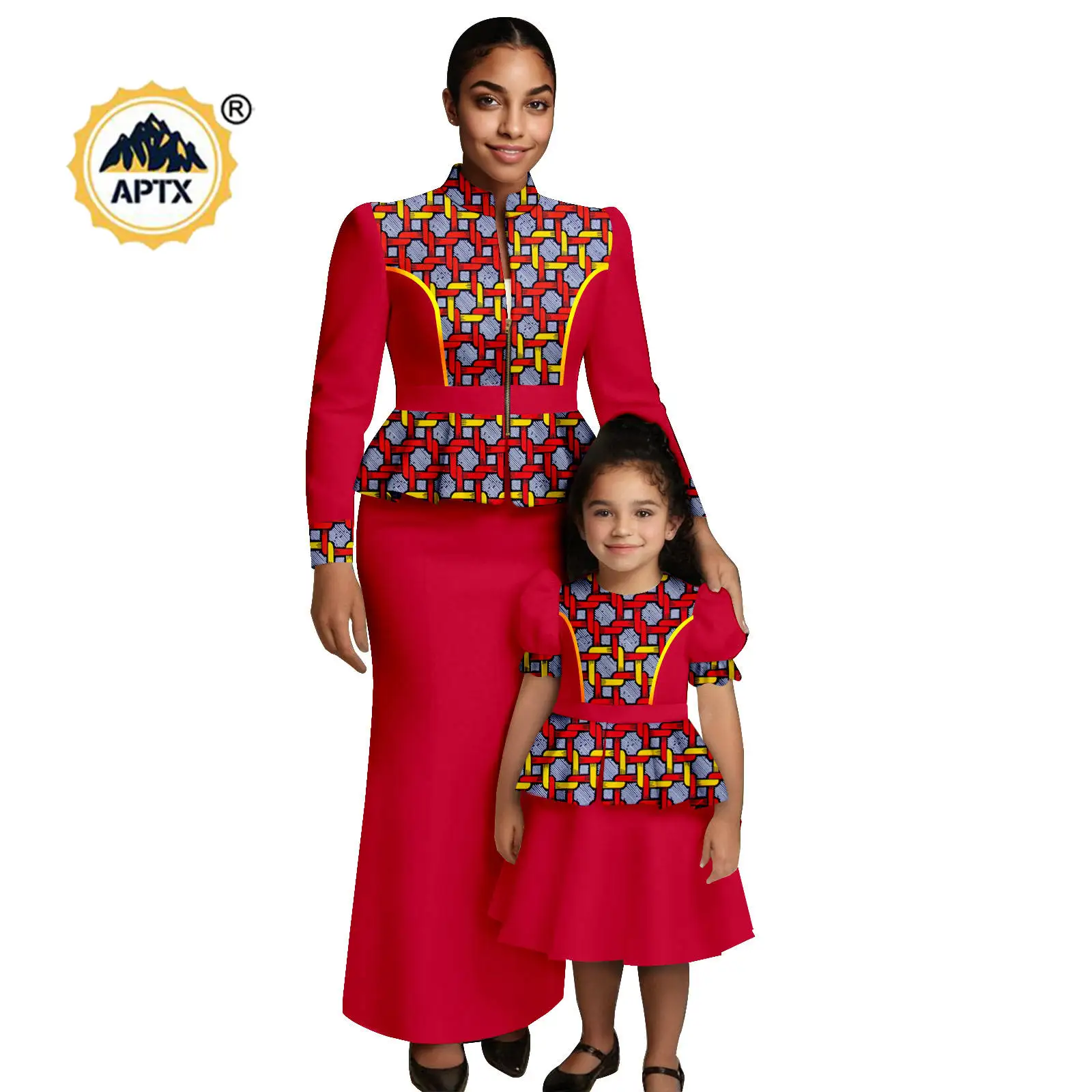 African Print Zipper Tierred Top and Skirt Sets for Women Family Outfits Dashiki Couple Clothes Daughter Dresses Outwear 25F027
