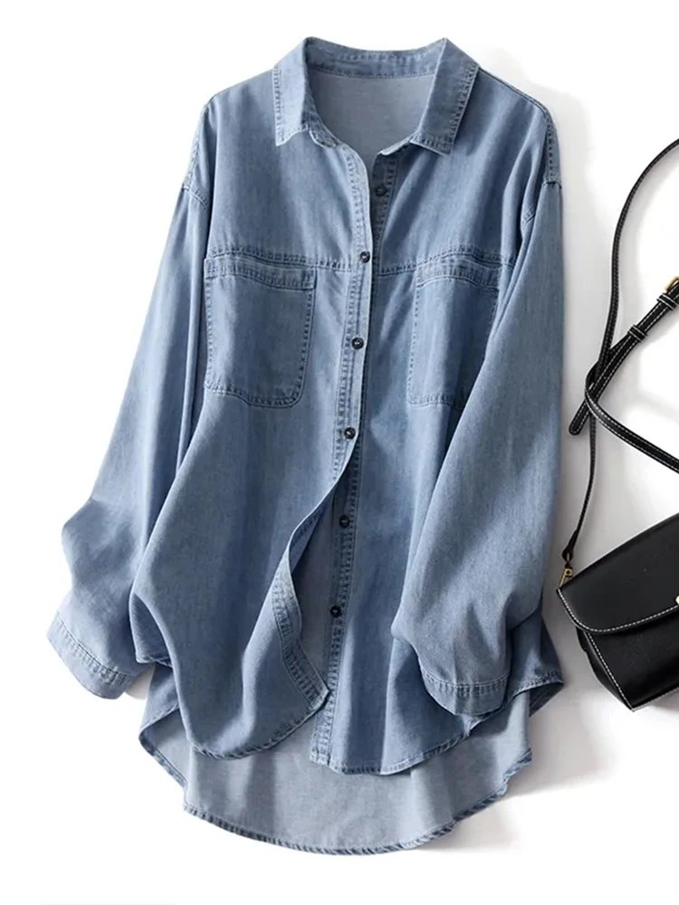 100% Cotton Women Denim Shirts Loose Vintage Designed Female Jeans Long Shirts Long Sleeve Blue Casual Streeetwear Tops