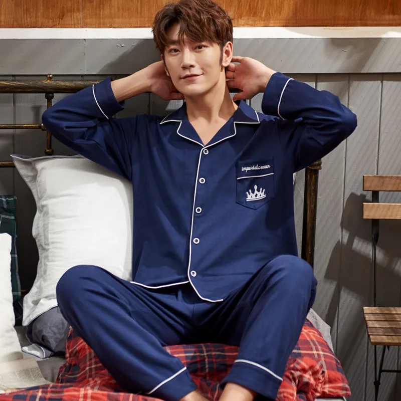 

Male Pajamas Spring Autumn New Men Long-Sleeved Pure Cotton Nightclothes Simple Casual Large Size Comfortable Homewear Suit 2024